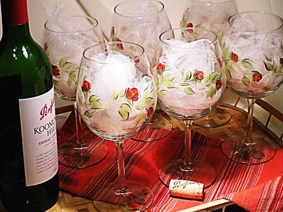 Hand Painted Wine Glasses  - Abstract Red Rose Design with Green Stems, Set of 8 Glassware Handpainted Rustic Wedding Glassware