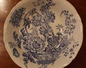 Blue Transferware Round Large Serving Vegetable Bowl Basket of Flowers Charlotte