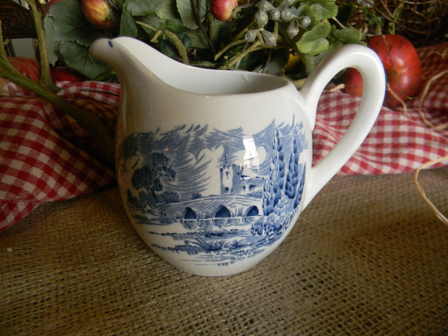 Wedgwood Blue Transferware Pitcher Creamer English Countryside Bridge Castle