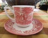 Red Pink Transferware Mug Cup and Saucer Cottage Cattle Cows Horses Roses