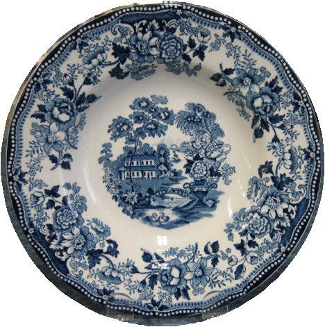 Blue Transferware Soup or Salad  Bowl Wading Swans Waterfall Roses Sail Boat