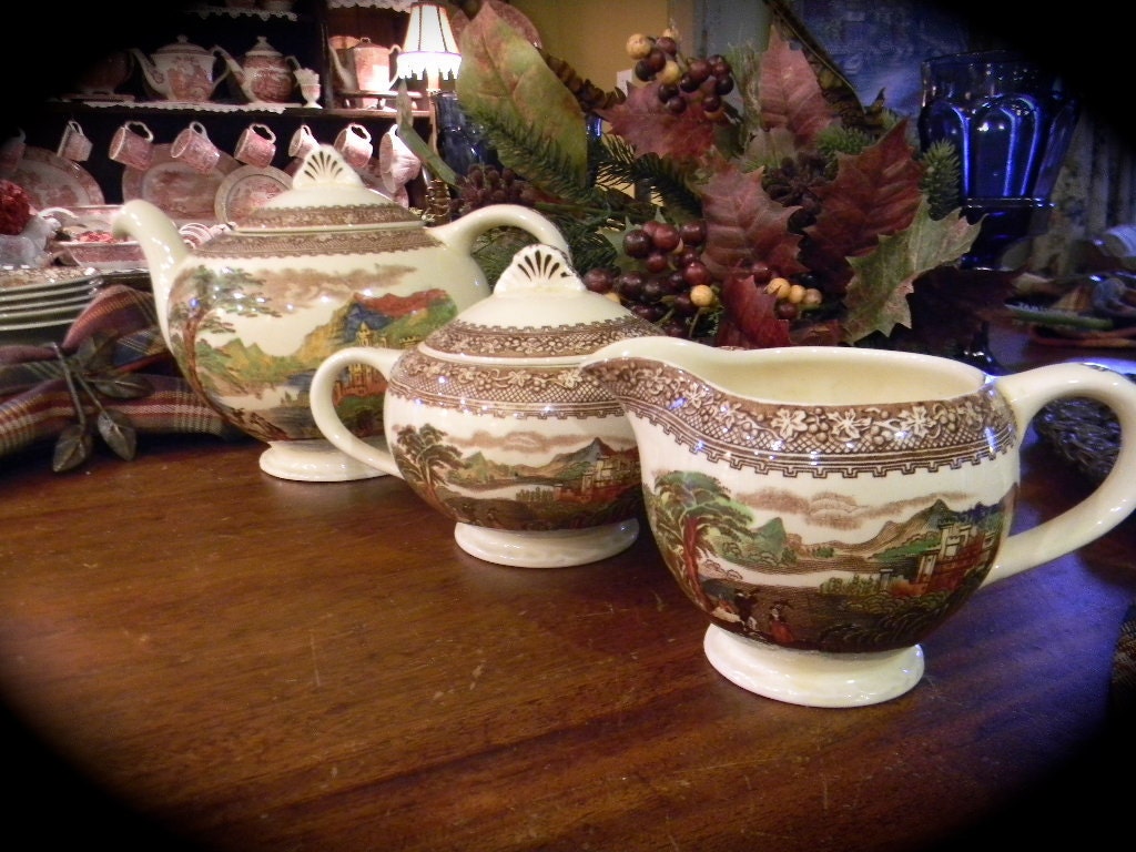 Brown Polycrhome Transferware Dual Handled Sugar Bowl and Creamer Royal Staffordshire Alpine Scene Jenny LInd