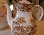 Chocolate Brown English Transferware Coffee Pot Tonquin Waterfall Swans Sailboat