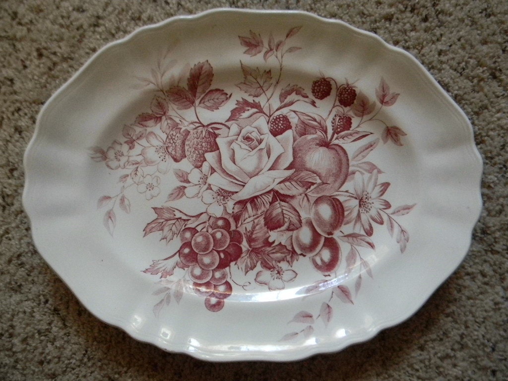 Beautiful Large Red English Transferware Platter Bouquet of  Roses Cherries Grapes Flowers Raspberries