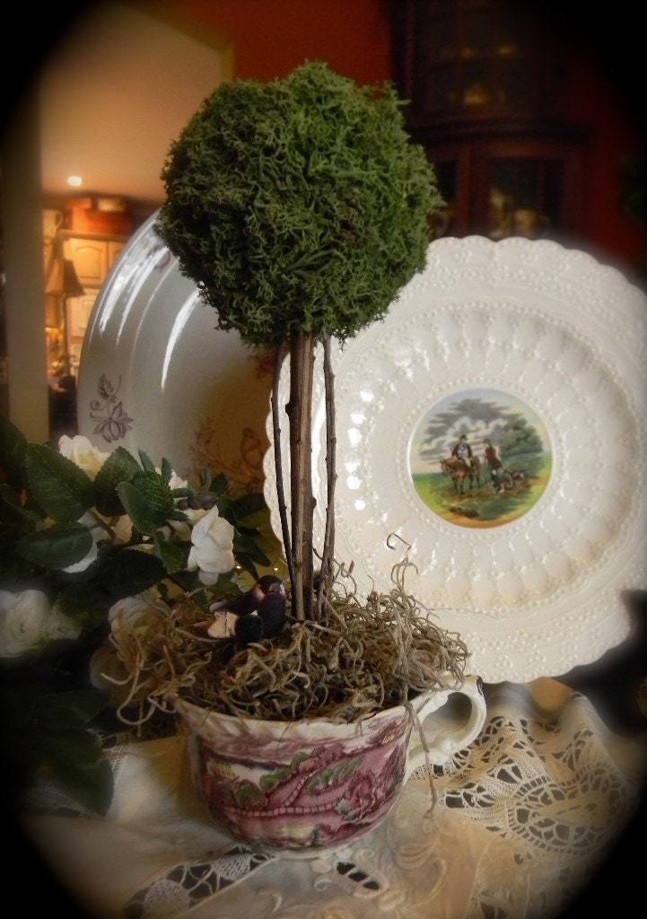 Reindeer Moss Topiary in Vintage Purple Polychrome English Transferware Teacup with Nesting Bird