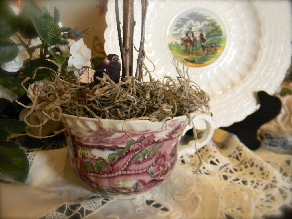 Reindeer Moss Topiary in Vintage Purple Polychrome English Transferware Teacup with Nesting Bird