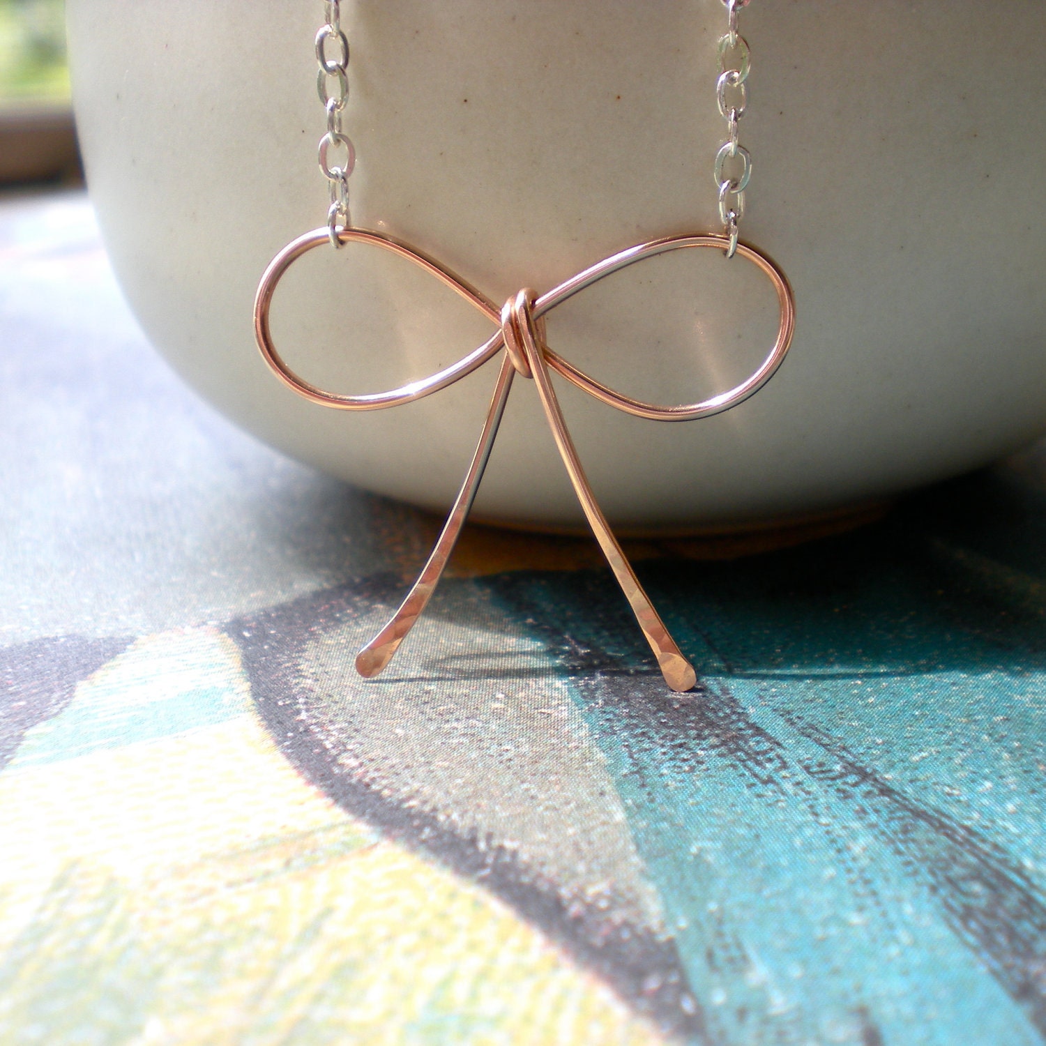 14k ROSE GOLD BOW necklace --sterling chain - pink bow necklace