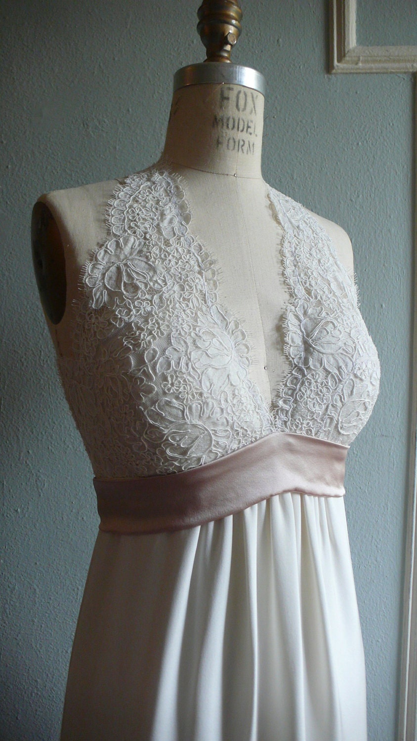 French Lace Halter Wedding Gown, Empire waist column skirt, Contrast sash, Silk, Customizable