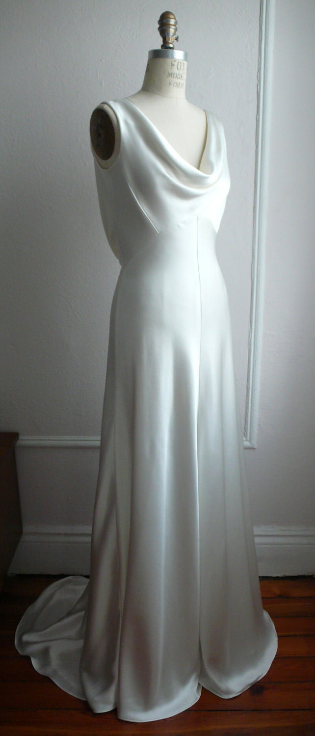 1930's Inspired Bias Bridal Gown "Ella", Low back, Backless, Cowl neck, Heavy Silk Satin, Customizable