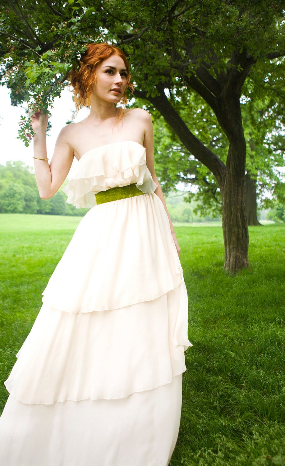1970's Inspired Strapless Chiffon "Harlow-Faith" Bridal Gown, Ruffles, Multi Tiered Maxi Gown, boho wedding dress, Customizable