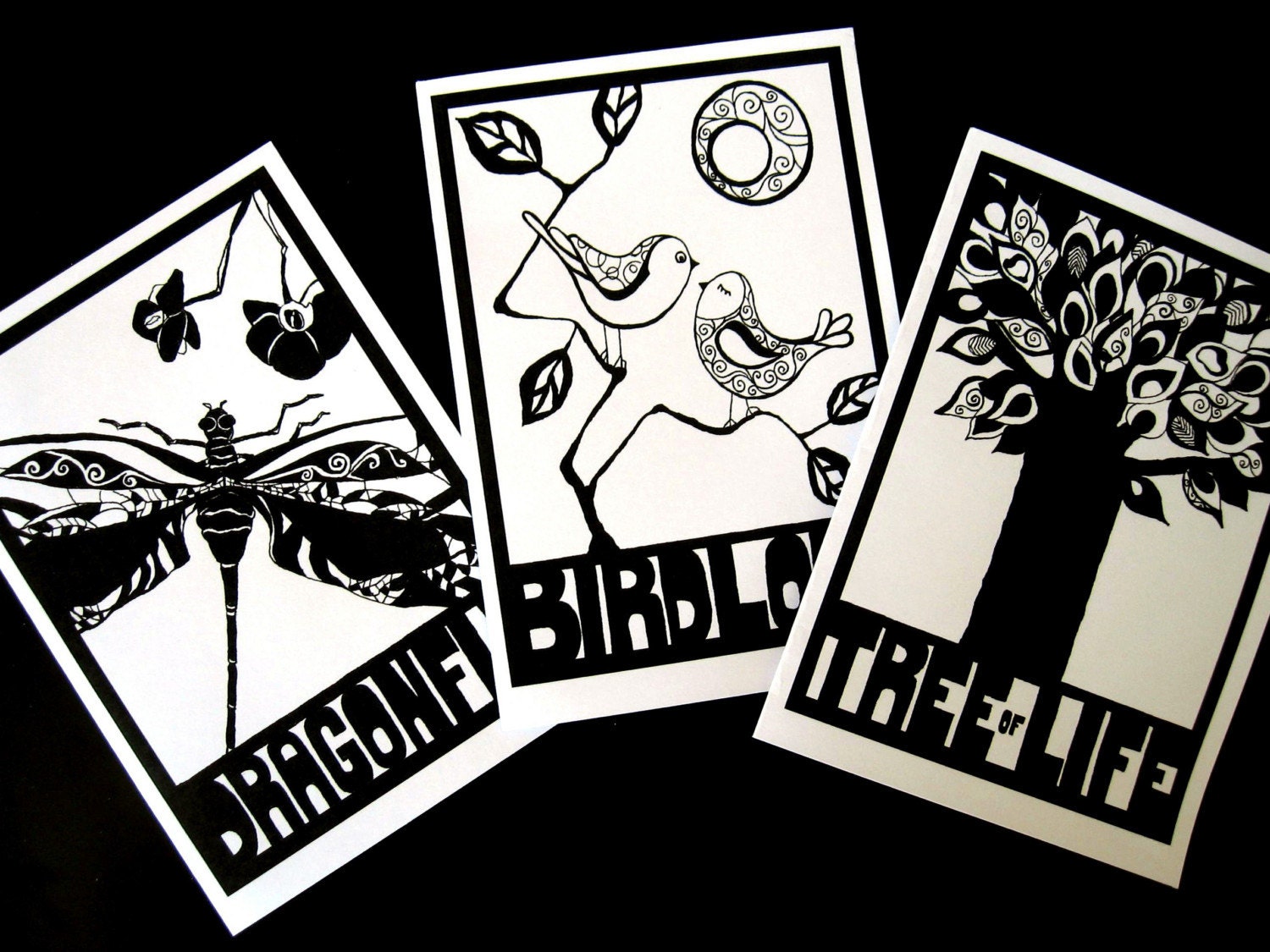 Black and White Blank Nature Cards, Set of 6- Dragonfly, Bird Love, Tree of Life