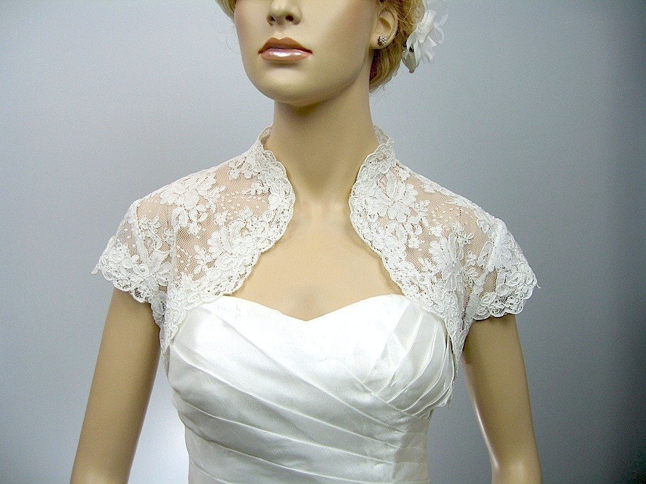 Ivory cap sleeve bridal shrug alencon lace bolero wedding bolero jacket