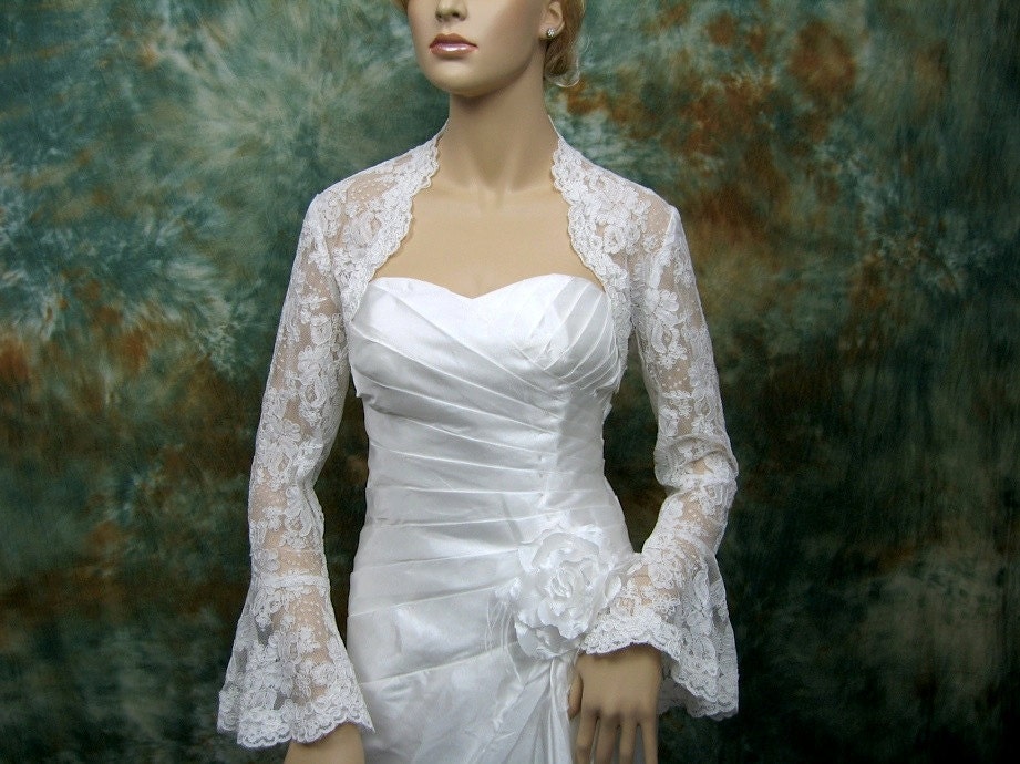 Ivory long bell sleeve alencon lace wedding bolero jacket