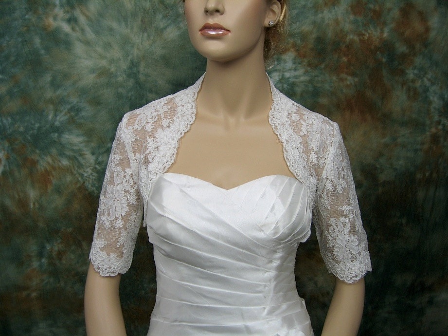 Elbow length sleeve bridal alencon lace wedding bolero jacket - available in ivory and white