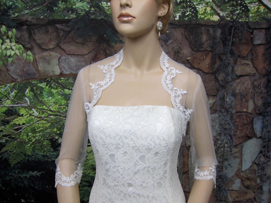 Sale - Ivory 3/4 sleeve bridal shrug lace bolero wedding bolero jacket alencon lace shrug wedding jacket wedding shrug-was 59.99