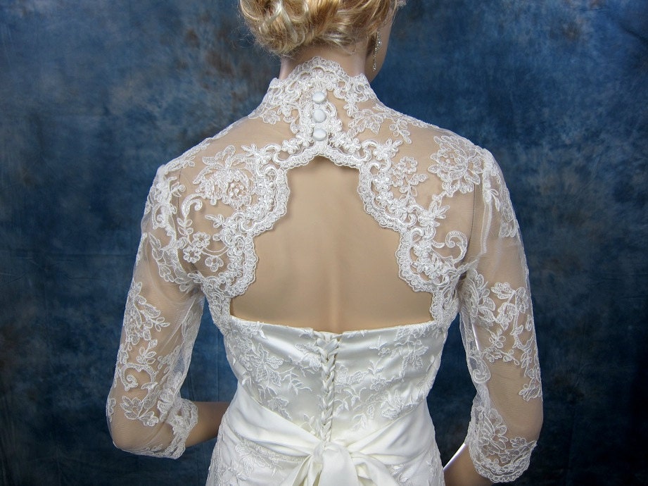 Sale-3/4 sleeve bridal bolero bridal jacket bridal alencon lace bolero jacket wedding bolero jacket keyhole back white and ivory-was 129.99