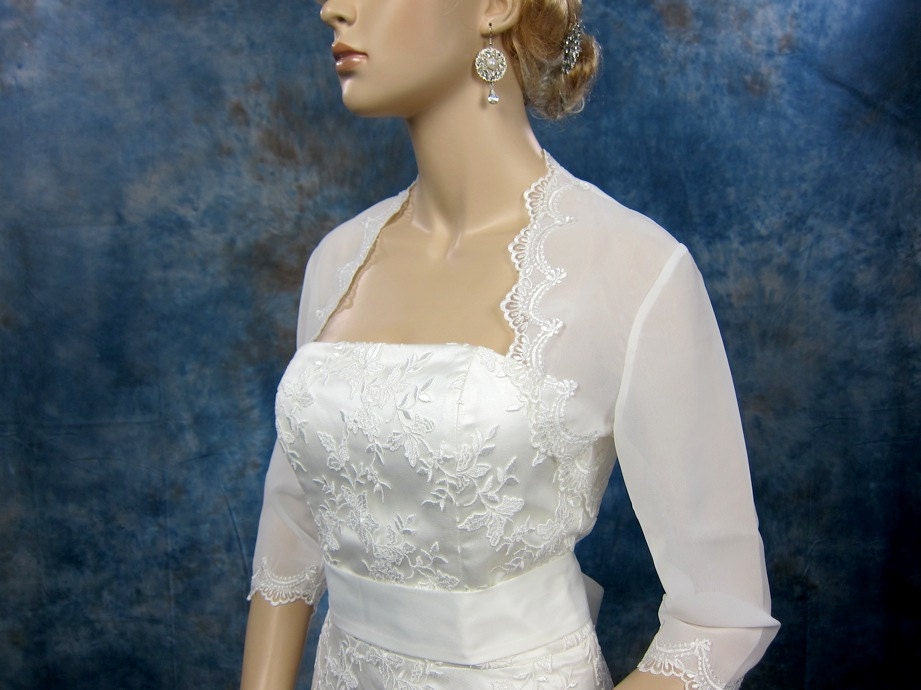 3/4 sleeve wedding bridal ivory chiffon bolero jacket