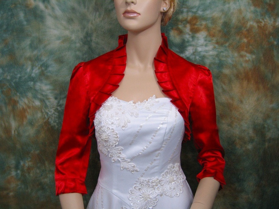 Red 3/4 sleeve satin wedding bolero jacket shrug