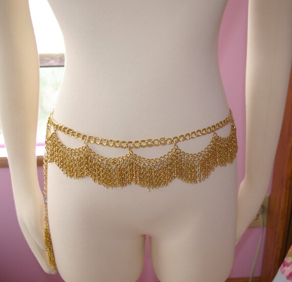 Gold Chain Belt Glamourous Dangling  Chains  Size S M Vintage 1970's early 1980's