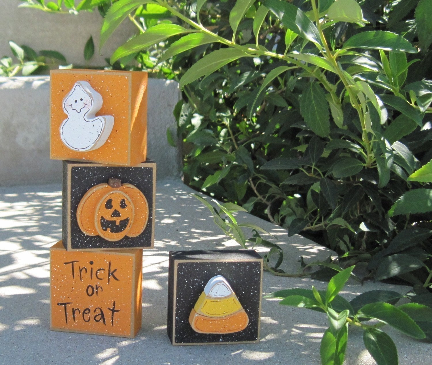 HALLOWEEN THEMED SQUARE Blocks with jackolantern, candy corn, ghost and trick or treat sign for Fall, October, shelf, office and home decor