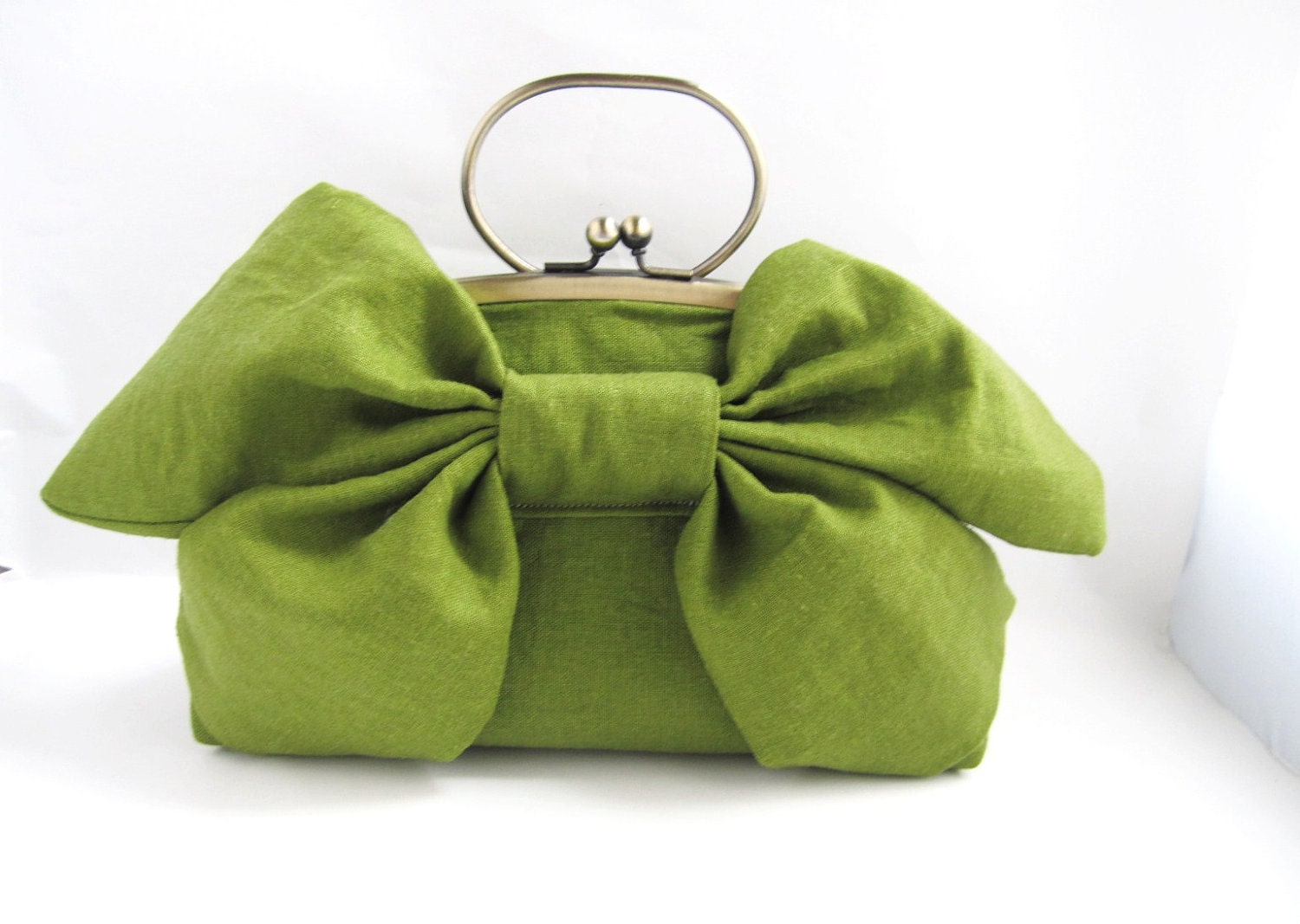 Large Bow Clutch with Handle - green tea linen