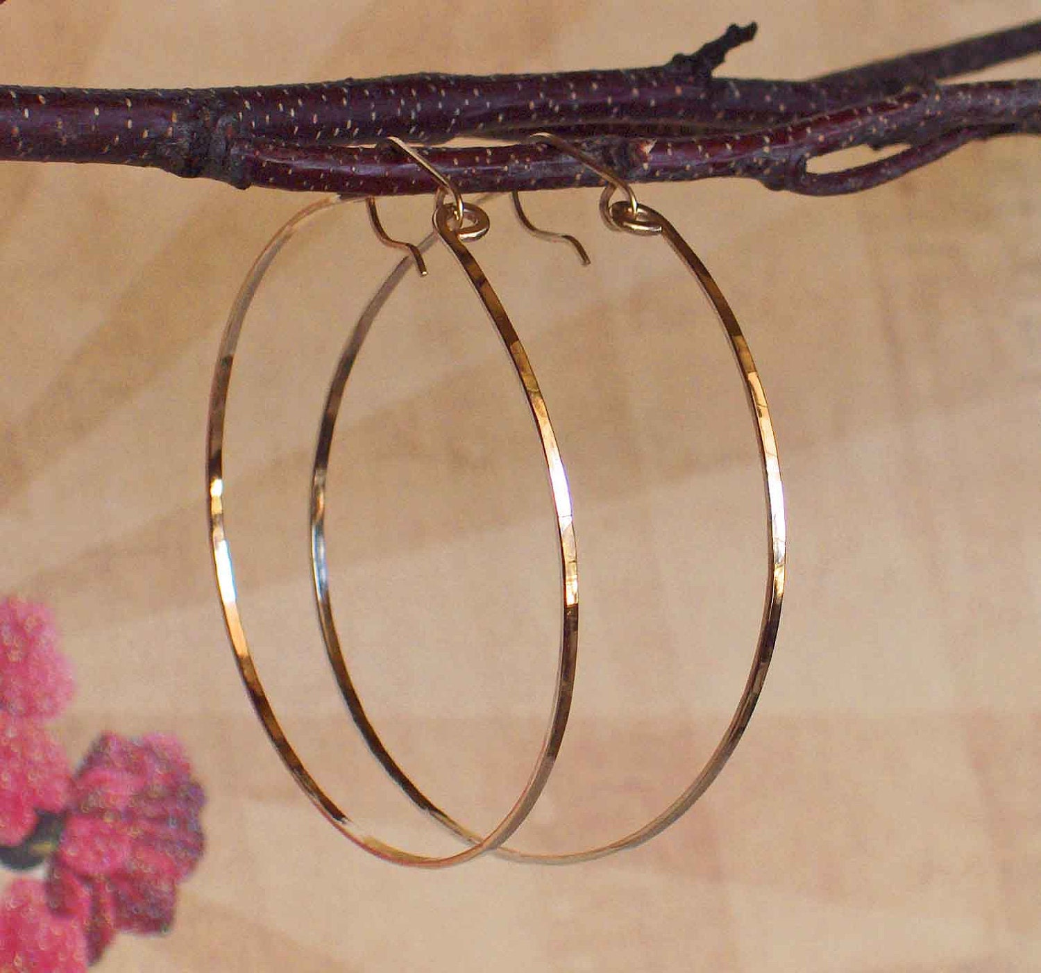 Large Gold Flat Front Hoop Earrings - 14K Yellow Gold Filled Hammered Gold Hoops - Made to Order