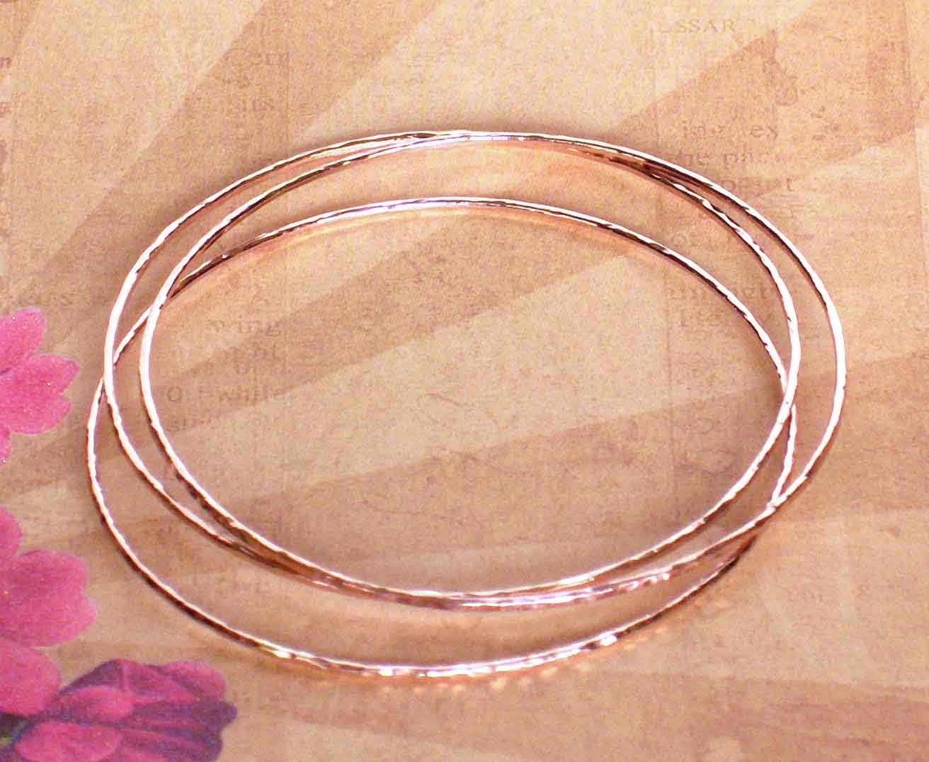 2 Pink Rose Gold Stacking Bangles -14K Rose Gold Filled Hammered Narrow Wire Stacking Bangles Bracelet - Made to Order