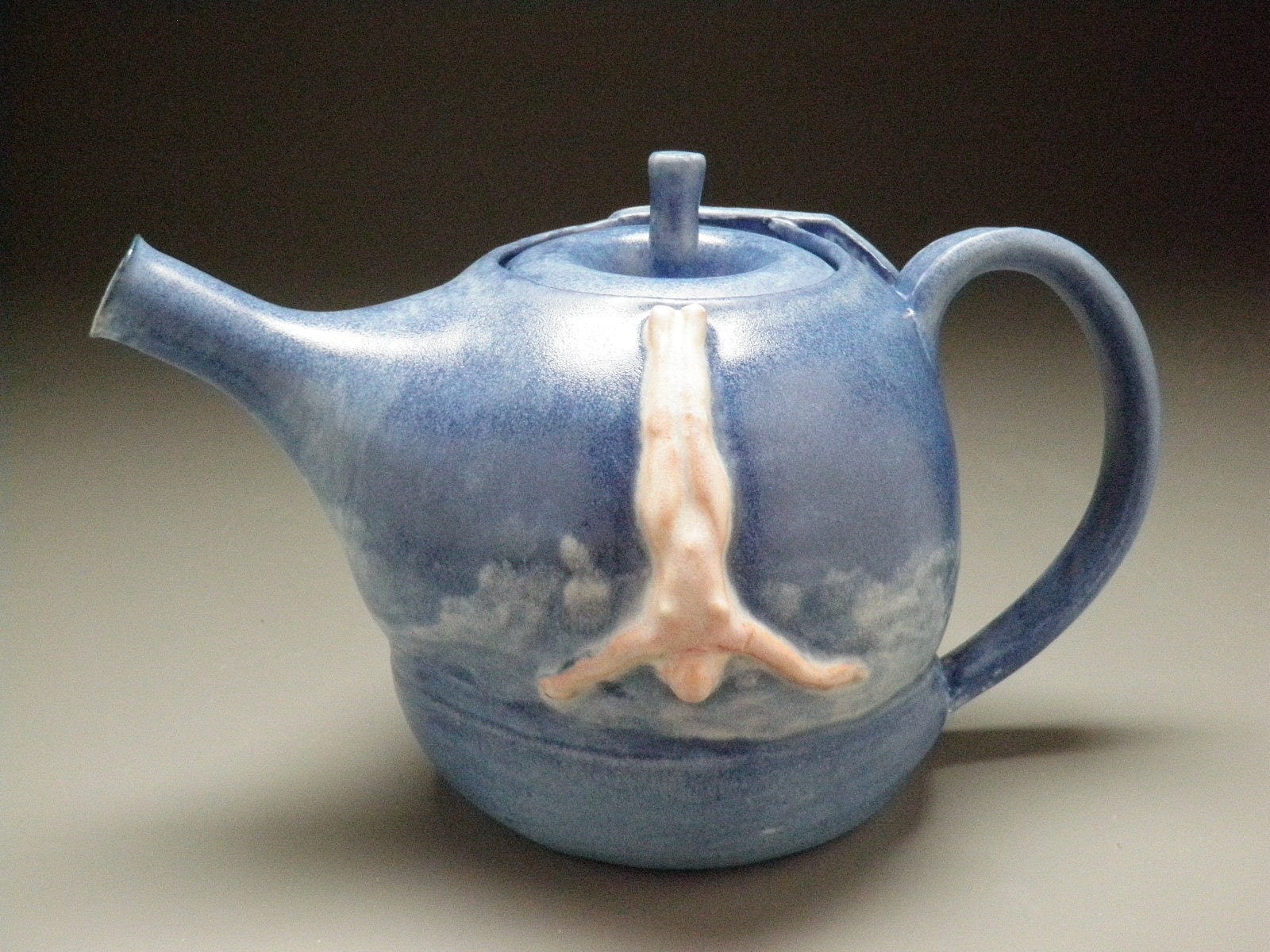 Ceramic Teapot Face Sculpture with Flying Nude Bas Relief Skinny Dipping Diver, Serving Art Pottery