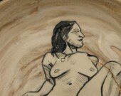 Erotic Art Ceramic Wall Platter Mature Lounging Nude Goddess Original Slip Painting with Gold Leaf Kintsugi Decorative Plate