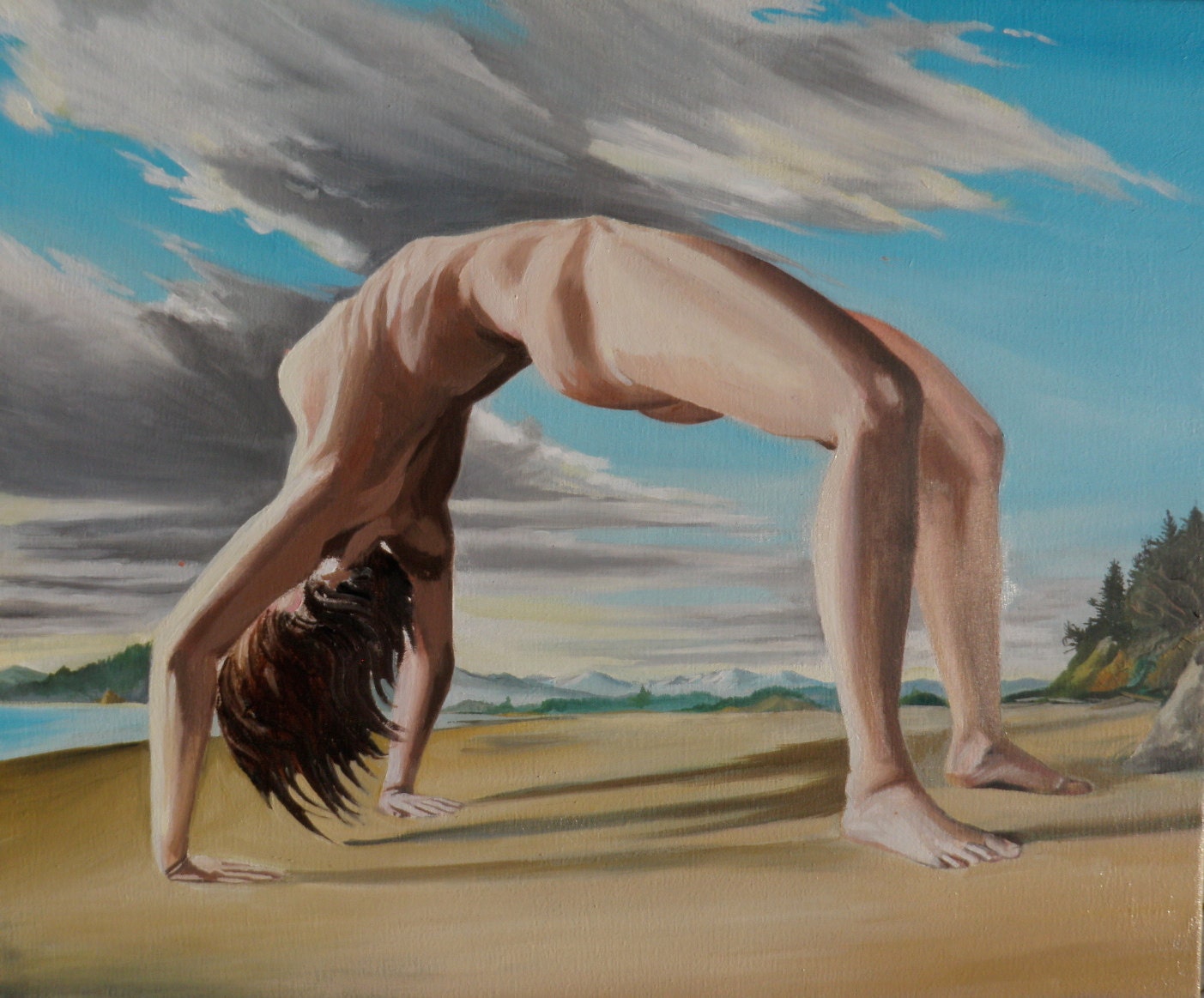 Yoga Art Nude Figure Painting, Original Oil, Wheel Pose Urdhva Dhanurasana Beach Landscape Back Bend Bridge