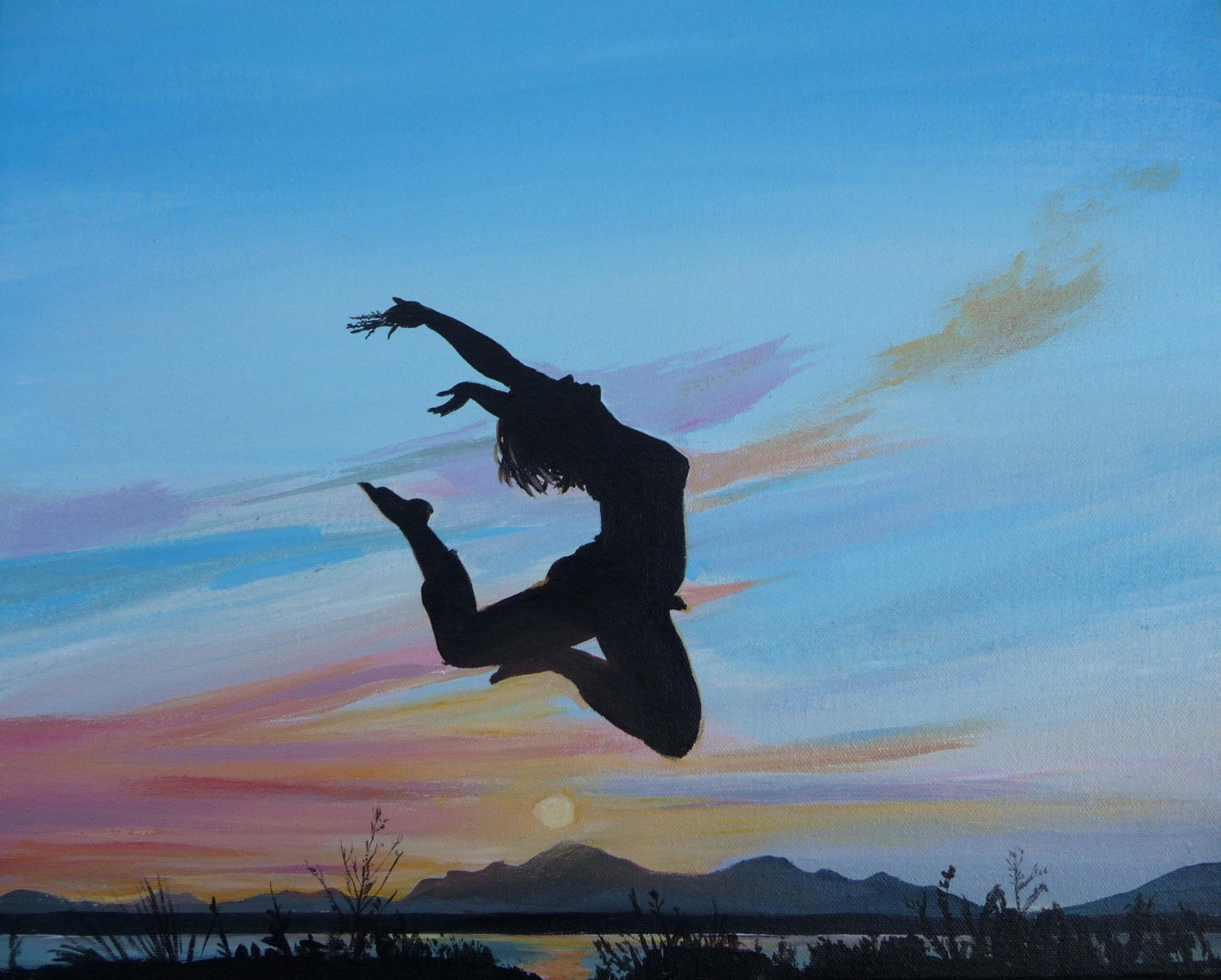 Jump For Joy Original Painting Figure Art Sunset Silhoette Dancer Landscape On Canvas