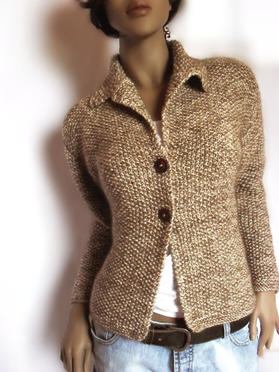 Womens Hand knit Jacket Merino wool sweater Mohair cardigan