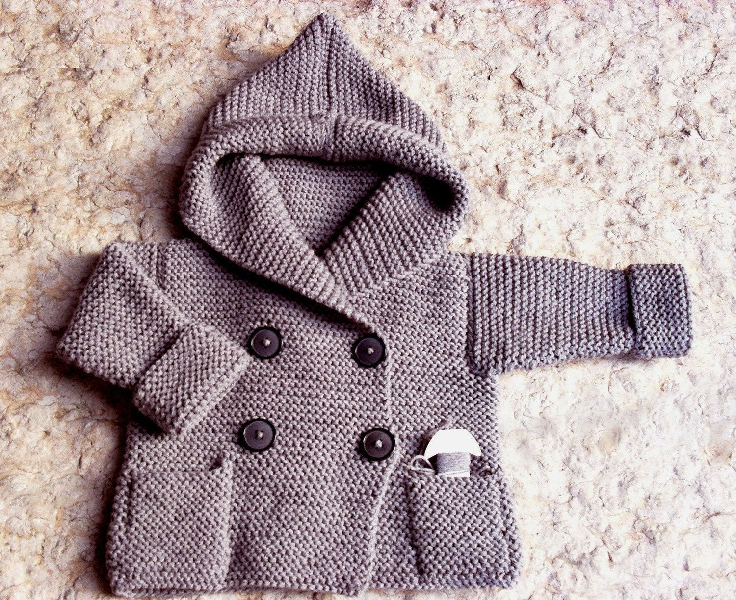 Hand Knit hooded baby coat Baby coat with pockets Merino hoodie Knit hoodie Pea coat 0-10 month SUMMER SALE