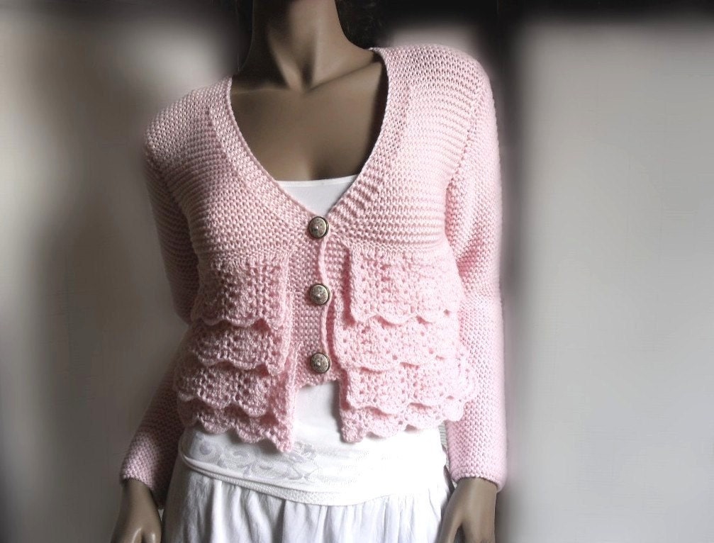 Lace Ruffle  Soft Pink Cardigan Sweater Romantic  Merino Extrafine or cotton Choose the Color