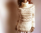 Hand Knit Sweater Fire Isle Womens Ski Sweater Turtleneck Pullover Off White Beige Brown SUMMER SALE