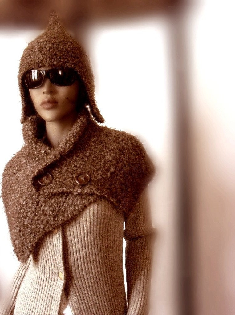 Brown Knitted Cowl and Ear Flap Hat, Ear Flap Cap