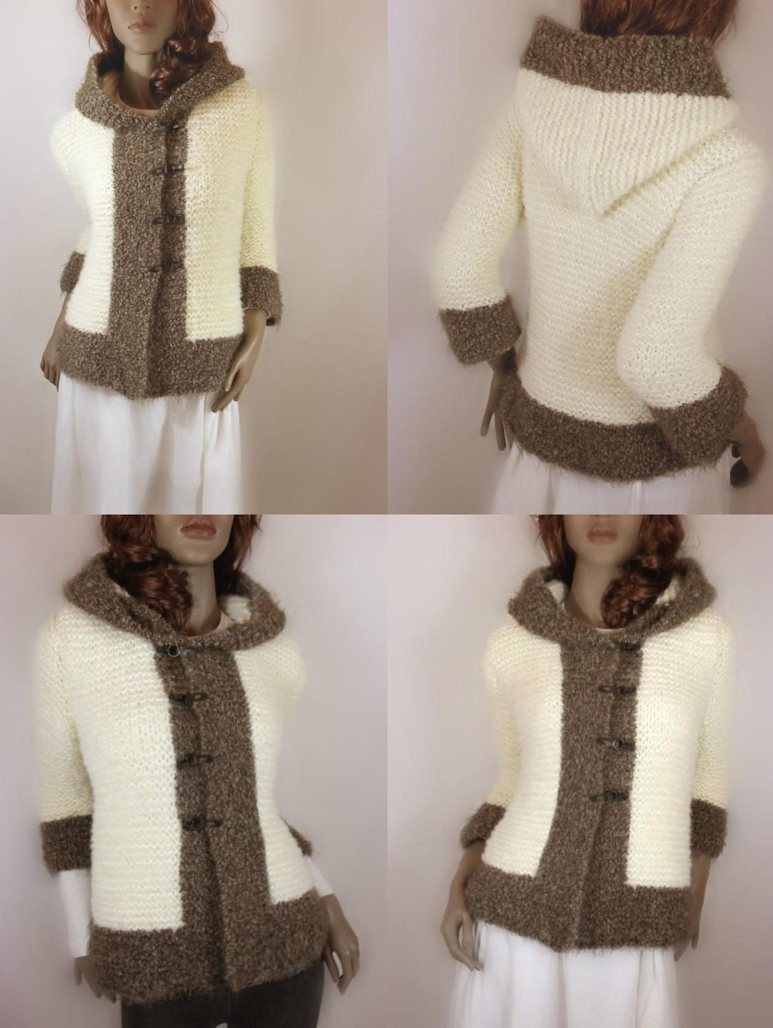 Hoodie Jacket Off white, cappuchino 3/4 sleeves women Merino Mohaor Baby Alpaca UNIQUE PIECE Ready to Ship