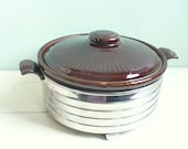 Vintage Brown Crock Stoneware Casserole Dish With Lid and Metal Stand