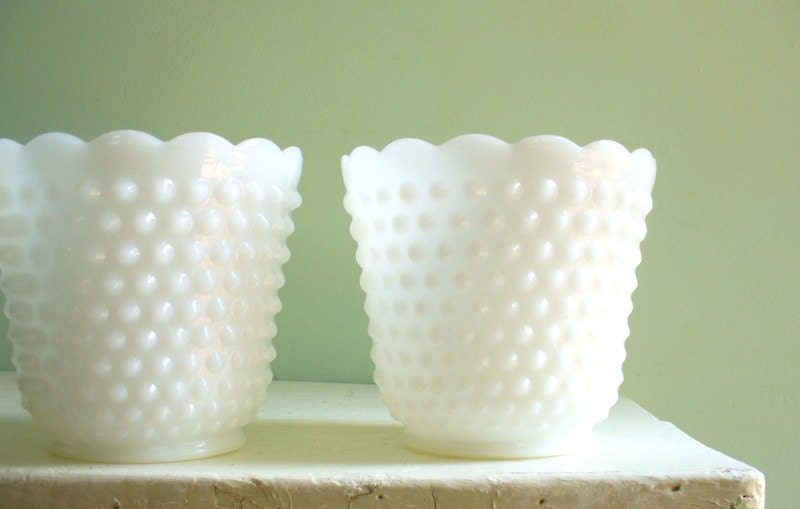 Vintage Hobnail Milk Glass Pair of Bowls Vases Matching