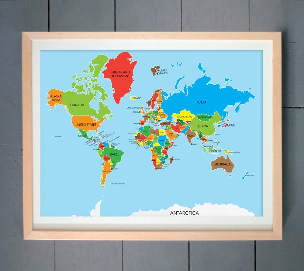 World Map ART PRINT (Yellow Green, Peppery, Java, Overjoy etc.) (various sizes available - 11x14 - 20x30 inches)