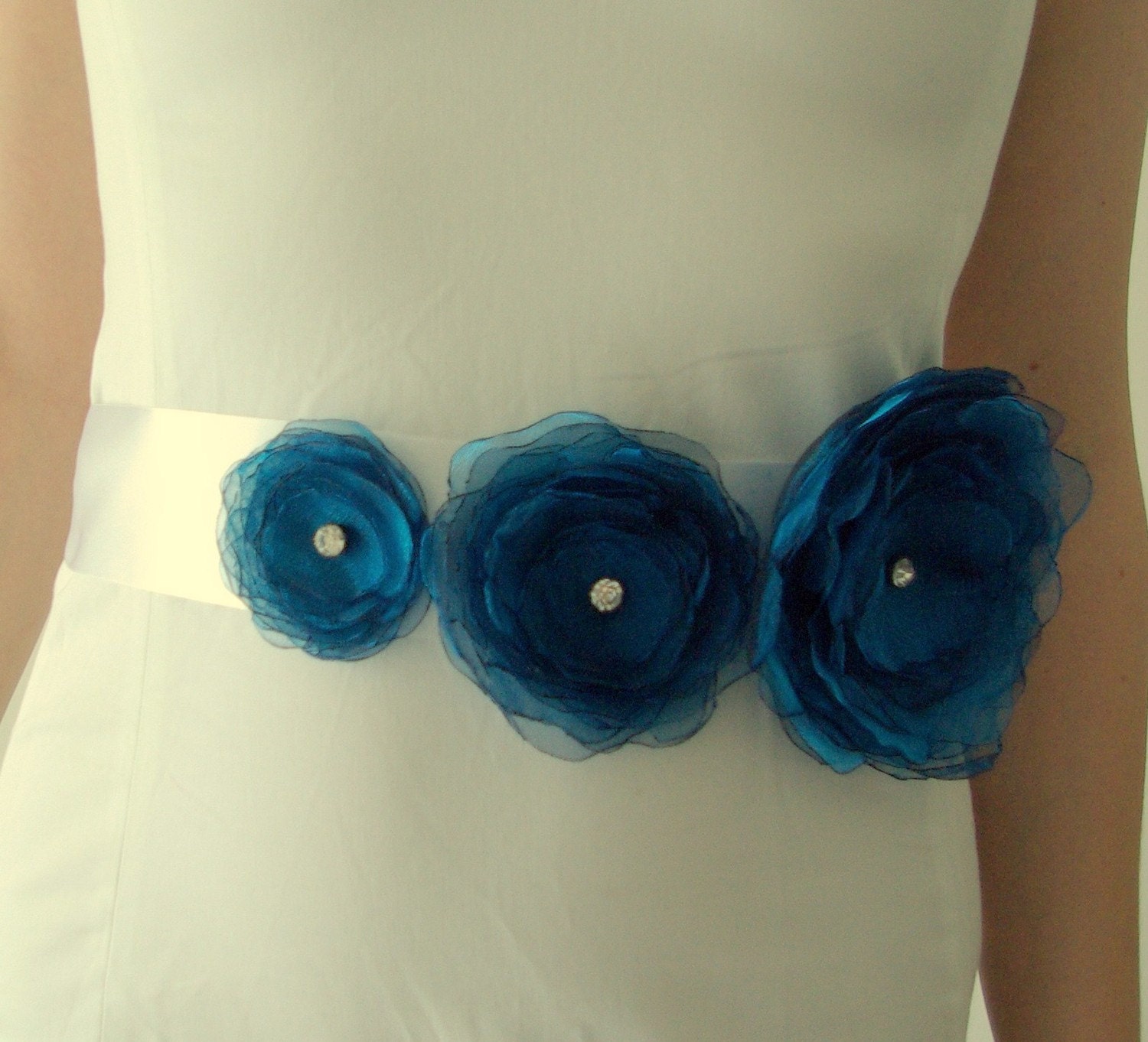 Bridal belt - Flower sash - Organza and Satin - Teal blue green