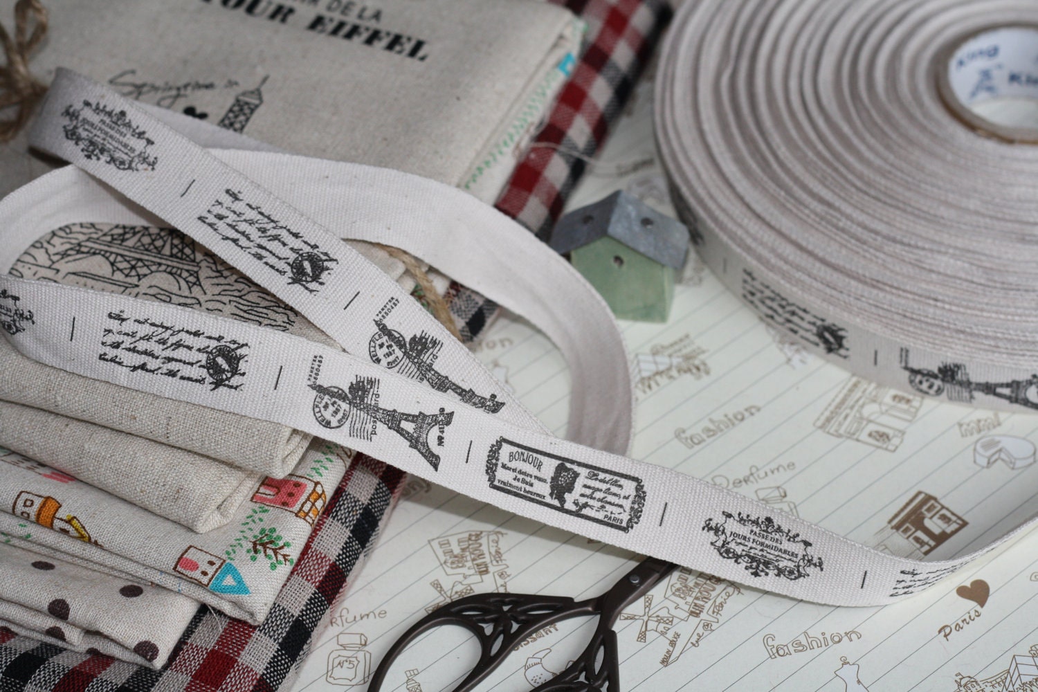 quaint 5m EIFFEL PARIS theme woven Cotton Blended Ribbon fabric labels