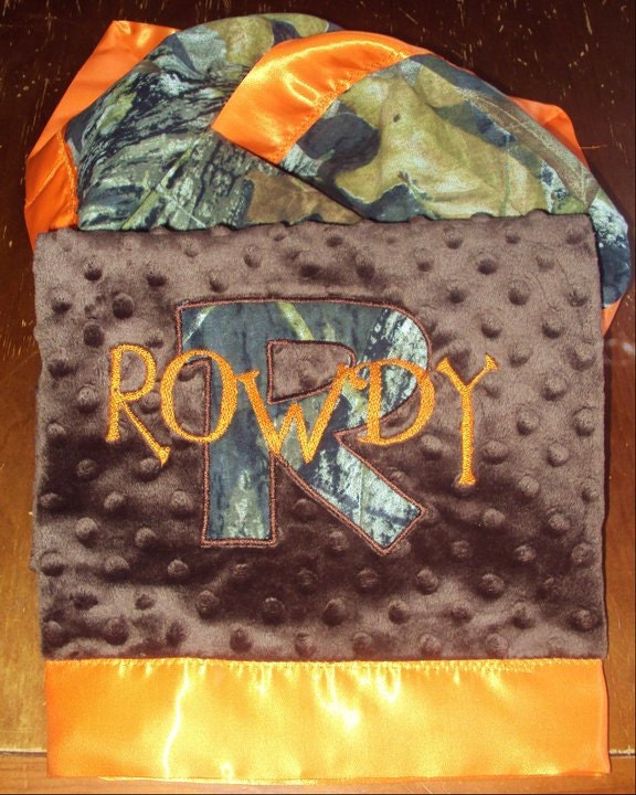 Camo Baby Blanket in Mossy Oak Hunter Camo and Minky  with Orange Satin Binding and Monogram Name