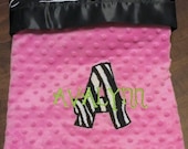 Zebra Baby Blanket with Hot Pink Minky,  Includes Satin Trim, Applique Letter and Name