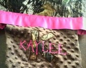 Baby Girl Hunter Blanket in Mossy Oak Camo and Minky with Pink Satin Binding and Name