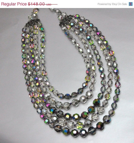 Crystal Collar Necklace Vintage 5 Strand Swarovski Purple and Black Iris