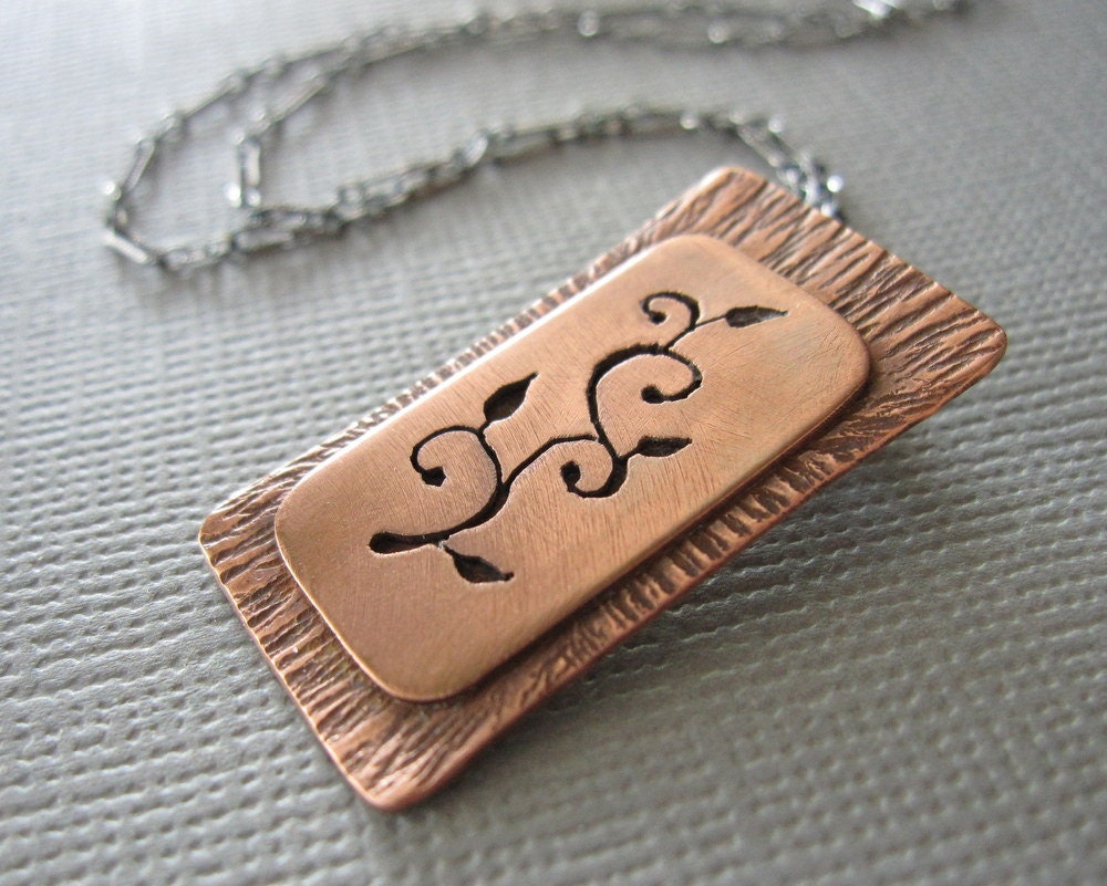 Ivy Vine Pierced Copper Pendant Necklace Rectangular Wood Grain