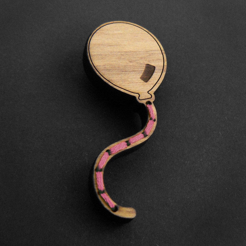 SALE - Wooden Balloon Brooch with pink stitching