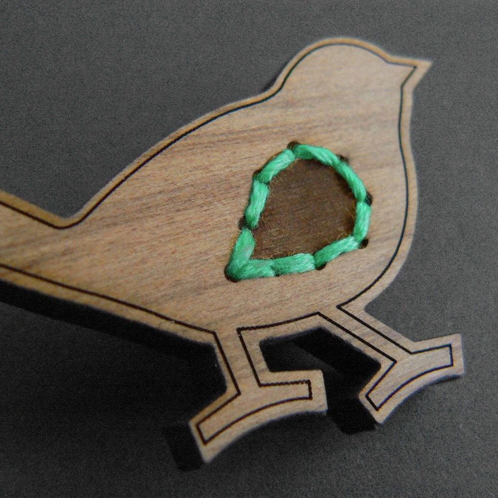 Wooden Bird Brooch with aqua stitching