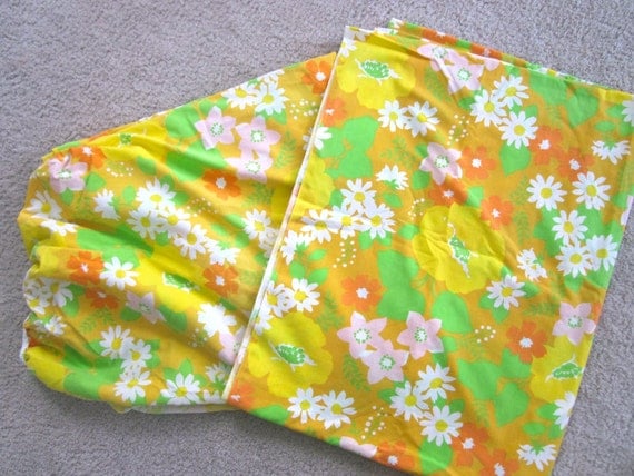 Vintage No Iron MUSLIN Mod Orange Floral Fabric Twin Flat & Fitted Sheets Wamsutta Superlin